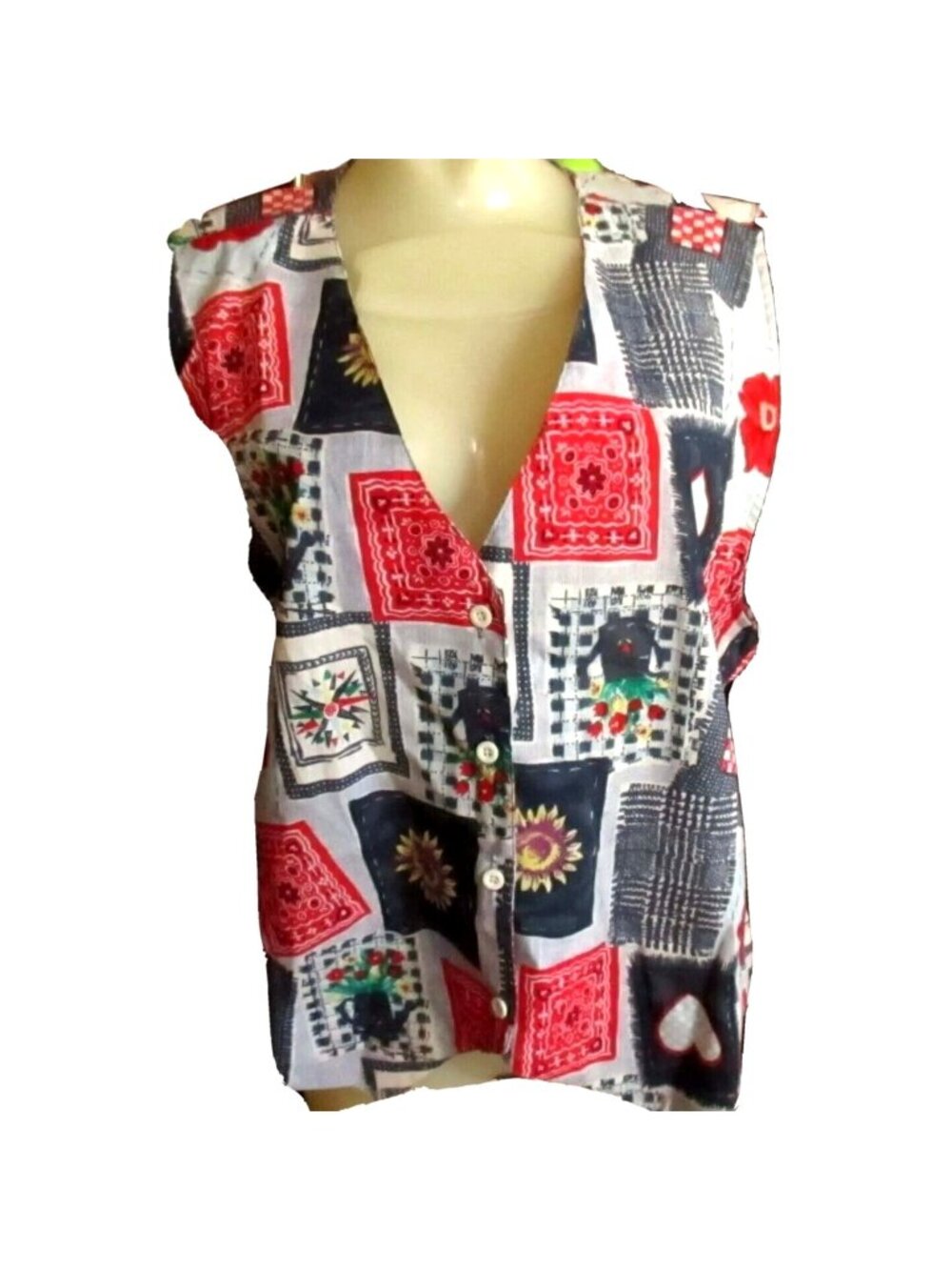 True Vintage Large Top Cactus Flower Sleeveless Button-Up Blouse Patchwork NOS